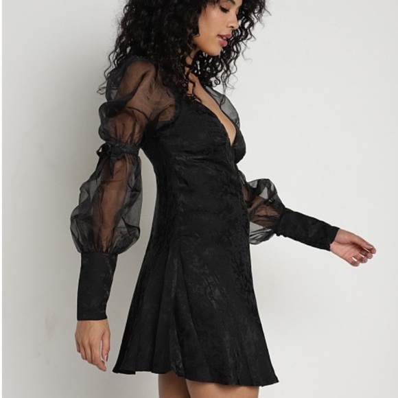 For Love & Lemons Gabrielle Puff Sleeve Mini Dress Black - Picture 3 of 13